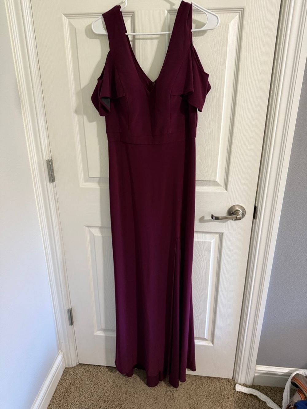 V-Neck Burgundy Maxi Dress with Ruffle Cold-Shoulder Sleeves